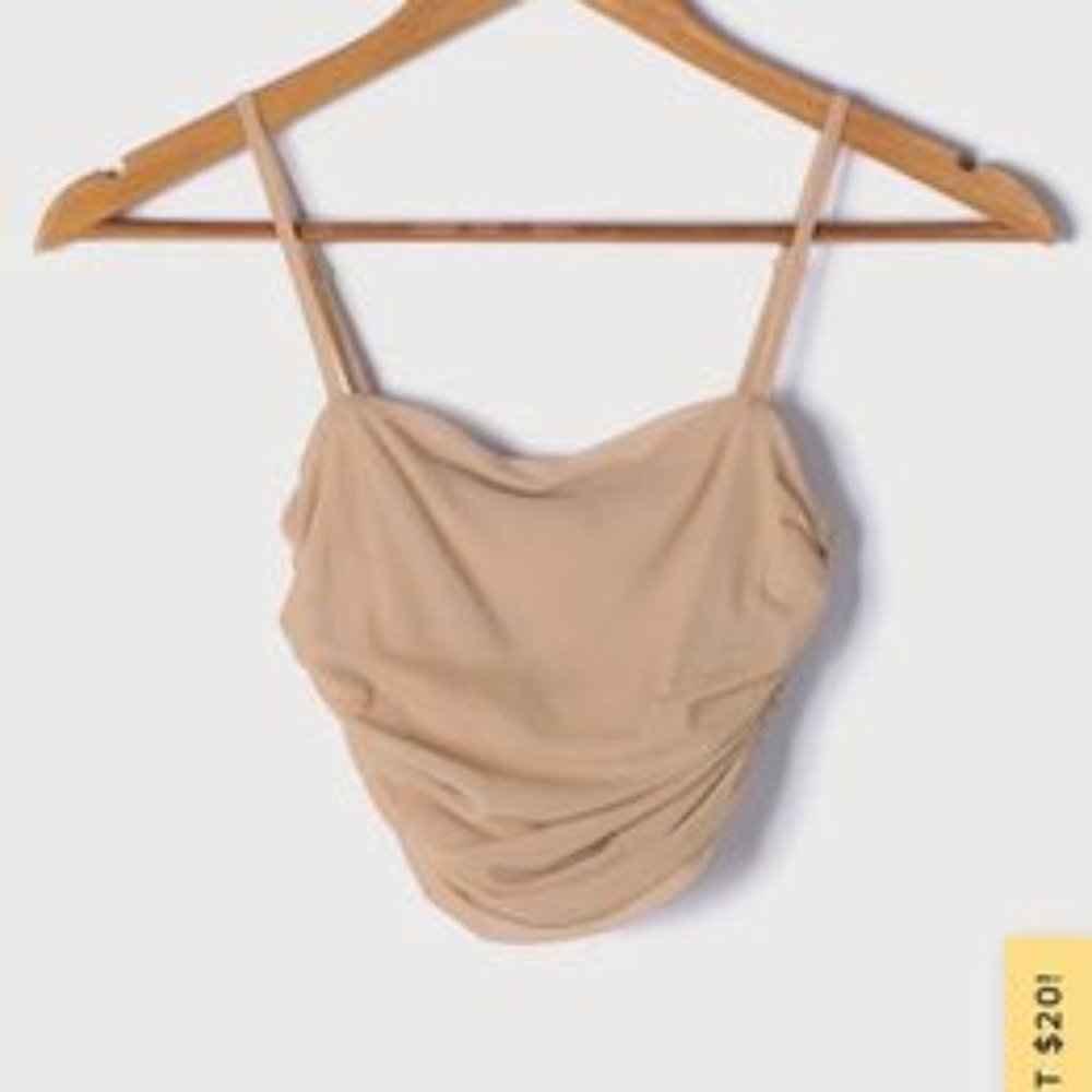 Brand New w/ Tags Lulus Flirtatious Moment Beige Ruched Mesh Crop Top